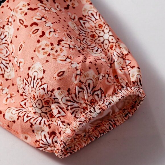 Beige Casual Women's multi Pattern Long Sleeve Loose V-Neck Pullover top - Picture 6 of 8